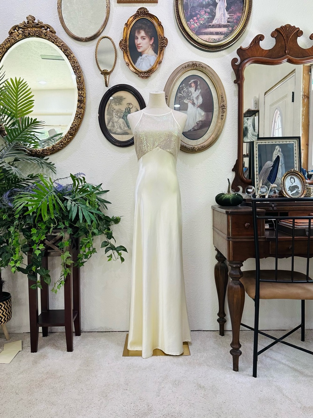 Elegant Cream Satin Evening Dress with Sheer Beaded Bodice